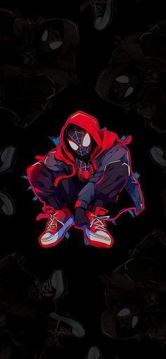 a spider man sitting on top of a pile of black and red shoes in the dark