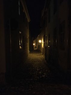 a dark alley way at night with street lights on and cobblestone flooring