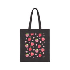 This tote bag is perfect for all your needs. With its reusable design, you can use it as a book bag, grocery bag, or beach bag. The charming strawberries and daisy flowers add a touch of nature to your everyday essentials. This 100% cotton bag comes in one size – 15" x 16"– perfect for everyday wear. Carry your essentials with a burst of sweetness in our fun tote bag. Its pink and red strawberry and daisy design adds a touch of whimsy to your day. Perfect for a picnic or quick errand! The bag fe Trendy Rectangular Bag With Strawberry Print, Rectangular Bag With Strawberry Print As Gift, Rectangular Bags With Strawberry Print As Gift, Rectangular Bags With Strawberry Print For Gifts, Casual Rectangular Bag With Strawberry Print, Summer Strawberry Print Bags For Daily Use, Summer Strawberry Print Bag For Daily Use, Rectangular Strawberry Print Bag As A Gift, Rectangular Strawberry Print Bag For Gifts