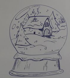 a drawing of a snow globe with a house in it