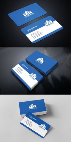 two business cards with blue and white designs on them, one is for a house