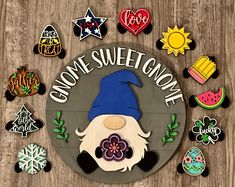 a sign that says gnome - sweet gnome surrounded by lots of magnets