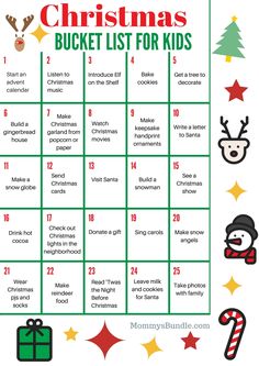 the christmas bucket list for kids is shown in this printable activity sheet, which includes pictures