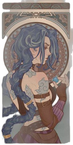 a drawing of a woman with blue hair and tattoos on her chest, sitting in front of a mirror