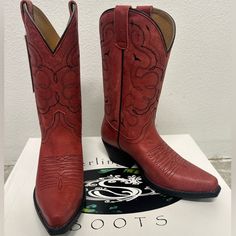 Never Worn, Brand New Retail Is $200 Classic Red Boots For Rodeo, Classic Red Snip Toe Boots, Red Western Boots With Round Toe, Red Snip Toe Boots With Reinforced Heel, Western Red Snip Toe Boots, Western Red Boots With Snip Toe, Red Snip Toe Boots With Red Sole, Red Snip Toe Boots, Western Red Square Toe Boots