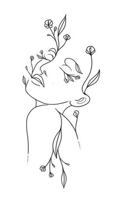 a black and white drawing of a woman's face with flowers in her hair