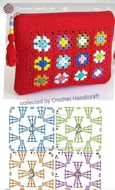 a crocheted purse with flowers and tassels is shown in four different colors