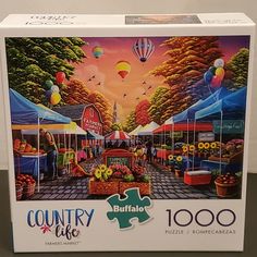 a puzzle is shown with the image of a farmers market and balloons in the sky