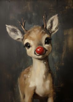 a painting of a baby deer with red nose