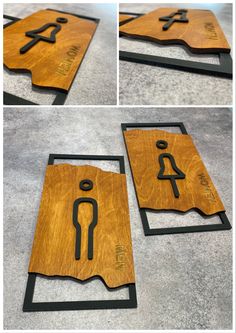 four different pictures of wooden signs with black and gold designs on them, each depicting a man's toilet