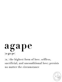 an advertisement with the words agape in black and white text on a white background