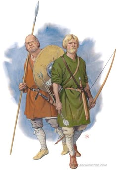 two men dressed in medieval clothing with spears and shields, one holding a shield while the other holds a spear