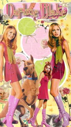 two women and a dog are standing in front of a pink poster with flowers on it