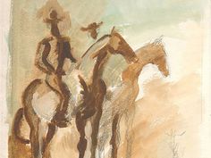 a drawing of two horses and a man on one horse with a lasso in his hand