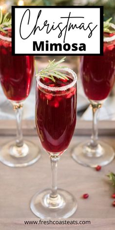 Christmas Mimosa in a champagne flute with a sugar rimmed glass and sprig of rosemary on top. Christmas Mimosa Recipe, Christmas Morning Mimosa, Christmas Mimosas, Pomegranate Mimosa, Xmas Drinks, Christmas Drinks Recipes, Christmas Punch Recipes, Mimosa Recipe, Brunch Drinks