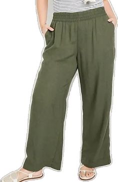 Green Pull-on Straight Pants, Comfortable Bottoms With Elastic Waistband, Relaxed Wide-leg Pants With Comfort Waistband, High Waist Relaxed Fit Pants With Comfort Waistband, Elevated Casual Wide Leg Pants With Side Pockets, Green Casual Pull-on Bottoms, Relaxed Green Bottoms With Pockets, Elevated Casual Bottoms With Relaxed Fit, Relaxed Fit Bottoms For Elevated Casual Wear