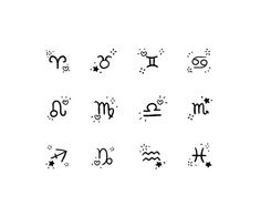 zodiac signs are drawn in black ink on a white background, with stars and circles around them