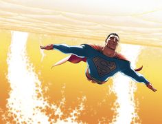 a man flying through the air while wearing a superman suit and holding onto his arms