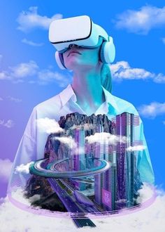 a woman wearing virtual reality glasses standing in front of a city