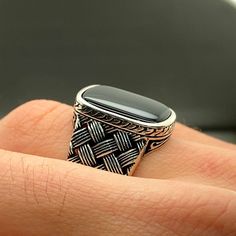 Handmade Black Sterling Silver Signet Ring, Handmade Black Sterling Silver Engraved Ring, Handmade Adjustable Black Engraved Ring, Handmade Sterling Silver Engraved Black Ring, Adjustable Black Handmade Engraved Ring, Classic Black Handmade Engraved Ring, Handmade Wooden Boxes, Silver Ring Designs, Handmade Silver Ring