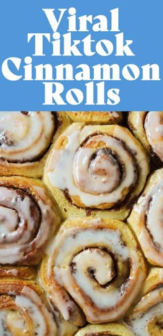 a close up of cinnamon rolls on a plate with the title text overlay reads,'virtual tiktok cinnamon rolls '