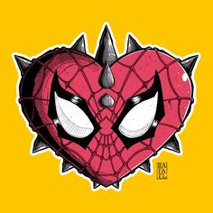 a heart shaped spiderman sticker on a yellow background