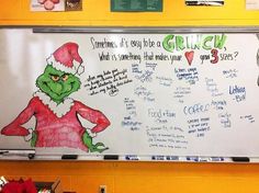 a white board with writing on it and an image of the grinch in santa's hat