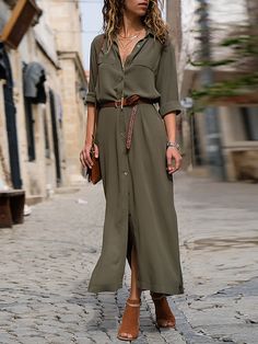 Women's Shirt Dress Maxi long Dress Black Army Green Navy Blue Long Sleeve Solid Color Button Spring Summer Shirt Collar Stylish Work Formal Loose 2023 S M L XL 2024 - $41.99 Moda Over 50, Sarah Joy, Loose Shirt Dress, Button Shirt Dress, Maxi Shirts, Womens Shift Dresses, Casual Long Sleeve Shirts, Belted Shirt Dress, Long Dress Casual