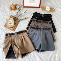 High Waist Thin A-Line Office Shorts With Belt | Uniqistic.com Shorts Female, Women's Office, Suit Shorts, Pants With Belt, Crop Top With Jeans, Womens Office, Halter Top Dresses, Pantsuits For Women, Women Shorts