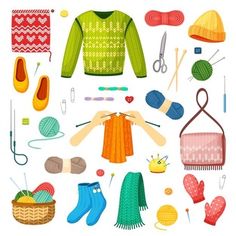 an assortment of knitting items including sweaters, mitts and gloves with yarn on them