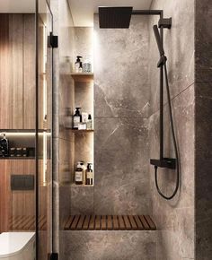 a bathroom with a shower, toilet and shelves