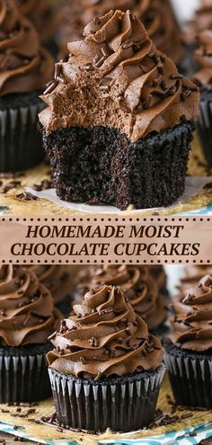 chocolate cupcakes with chocolate frosting on top and the words homemade most chocolate cupcakes above them