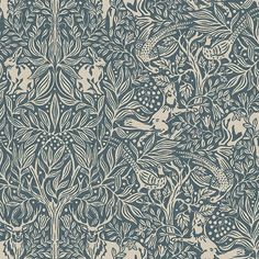 an intricately designed wallpaper with birds and flowers in blue, beige and white