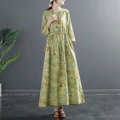 Olivia Mark - Vintage Literary Linen Cotton Floral Dress with Loose Fit, Cinched Waist, and Flowy Hem Cotton Floral Dress, Plus Size Long Dresses, Floral Chiffon Maxi Dress, Cozy Dress, Floral Cotton Dress, Vintage Floral Dress, Matcha Green, Crewneck Dress, Vintage Cotton