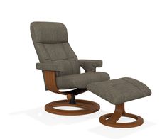 the reclining chair and ottoman is shown in grey fabric with wood trimmings