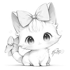 a black and white drawing of a kitten with a bow on its head, sitting down