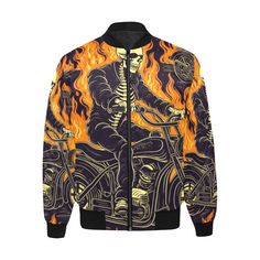 Flaming Skeleton Biker Bomber Jacket This bomber jacket features a flaming skeleton biker Details: 100% Polyester 23 Oz Quilted lining Classic zipper style with two pouch pockets Elastic sleeve cuff and hem designed for maximum fit Washing instructions: Machine wash cold, Non-chorine and iron with a cover. Do not tumble dry. Washing solution temperature should not exceed 45ºC or 104ºF Check Out More jackets HERE *This product is custom made on demand H33 Skeleton, Pocket Pouch, Custom Made, Bomber Jacket, Zipper, Black, Clothes