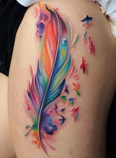 a colorful tattoo on the back of a woman's thigh