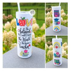 the tumbler is decorated with an apple, books and rainbows on it's side