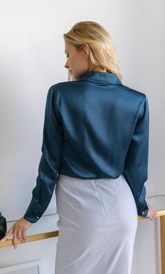 Milano Silk Blouse - 100% Silk Button-Up Shirt | Ravella Luxury Silkwear Green Satin Blouse Outfit, Silk Slip Skirt, Classic Chic Style, Silk Tee, Pocket Blouse, Gorgeous Blouses, Silk Pajama Set, Satin Blouses, Bow Blouse