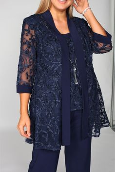 This modest mother of the bride pant suit features a sleeveless round neckline with embroidered soutache mesh with jersey knit trim and 3/4 sleeve matching jacket. Perfect for any special occasion. Available in Plus Size and Petite Size Fabric : Jersey, Poly SpandexLength : LongSleeve Style : Sleeveless with Matching JacketColors : Navy, Granite, HunterSizes : 6, 8, 10, 12, 14, 16, 18Fully LinedSoft Cup InsertsOccasion : Formal, Evening Party, Mother of the Bride, Mother of the Groom, Church, We Bride Pant Suit, Mother Of The Bride Trouser Suits, Dressy Pant Suits, Plus Size Pant Suits, Mother Of The Bride Jackets, Mother Of The Bride Plus Size, Mother Of The Bride Suits, Elegant Dresses Short, Mother Of The Bride Dresses Long