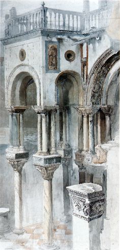 an artistic drawing of some kind of building with pillars and arches in it's center