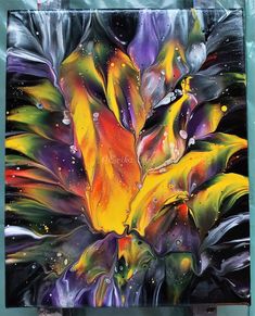 an acrylic painting with yellow and purple flowers