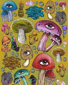 a painting of many different types of mushrooms and other things in yellow background with blue eyes