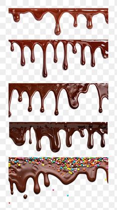 three different chocolate drips with sprinkles on them