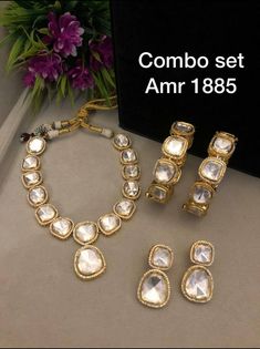 Very beautiful uncut high quality polki kundan combo of necklace earrings and bangles. Polki Jewellery Sabyasachi, Sabyasachi Wedding, White Sketches, Polki Sets, Kundan Jewellery Bridal, Kundan Jewellery Set, Engagement Necklaces, Kundan Bangles, Happy Jewelry