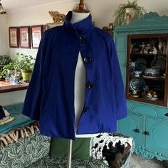 Cobolt Blue Size Medium Blue Stand Collar Outerwear For Spring, Blue Fitted Outerwear With Stand Collar, Fitted Blue Outerwear With Stand Collar, Blue Hooded Outerwear With Buttons, Hooded Blue Outerwear With Buttons, Blue Spring Windbreaker For Work, Color Blue, Jackets & Coats, Jackets For Women