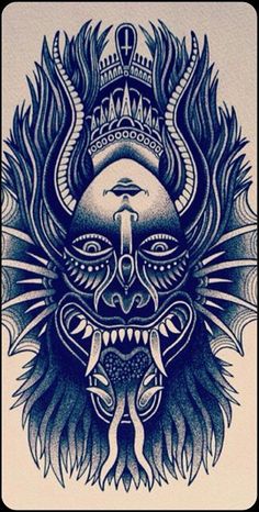 a blue and white drawing of a demon face