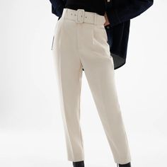 Loved It, But Not My Size Unfortunately :( Nwt!! Questions? Leave A Comment Below! Belted Beige Trousers, Cream Straight Pants With Belt Loops, High Waist Beige Belted Pants, Belted Straight Leg Beige Pants, Beige Straight Leg Belted Pants, Beige Belted Straight Leg Pants, Beige Belted Pants For Work, Cream Pants With Belt Loops For Work, Chic Cream Tapered Leg Bottoms