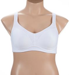 At last, an everyday bra that makes you feel supported, comfortable, and contained. And the pretty patterning around the neckline and straps makes you feel elegant as well! Molded wireless cups are lined with breathable knit. Inner side support slings help with forward projection. Sturdy molded cups provide a custom fit for each breast. V-shaped neckline has a tonal, chevron-patterned band that continues up the front straps. Neckline has covered elastic for containment of full busts. Tall center White Bra With Built-in Support And Micro-elastic Fit, Supportive White Bra With Light Support, Supportive Light Support White Bra, White Nylon Bra, Supportive White Bra With Removable Pads, White Full Coverage Bra With Light Support, White Padded Sports Bra For Workout, Padded Underwire White Nursing Bra, White Padded Underwire Nursing Bra